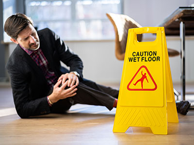Man fallen near a Caution Wet Floor sign, representing premises liability and slip and fall injury